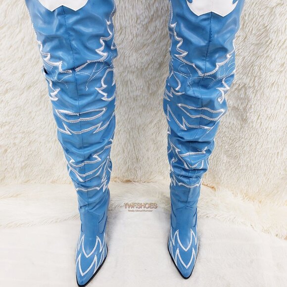Turquoise Blue Embroidered White Western OTK Thigh High Slouch Cowboy Boots - Picture 13 of 15